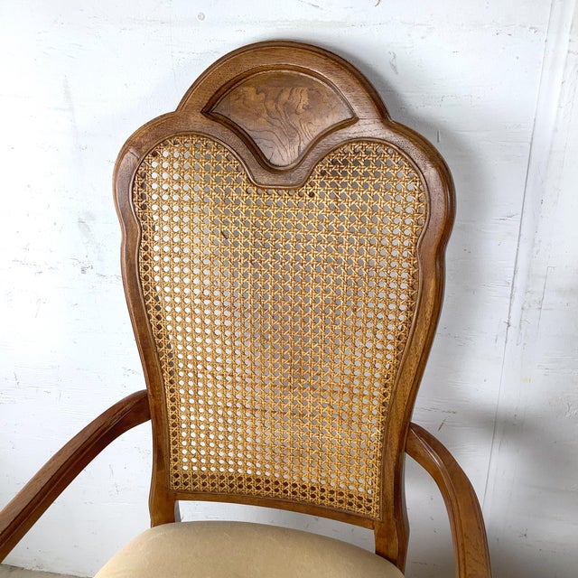 Late 20th Century Pair of Vintage Provincial Walnut & Cane High-Back Armchairs With Burlwood Crest For Sale - Image 5 of 18