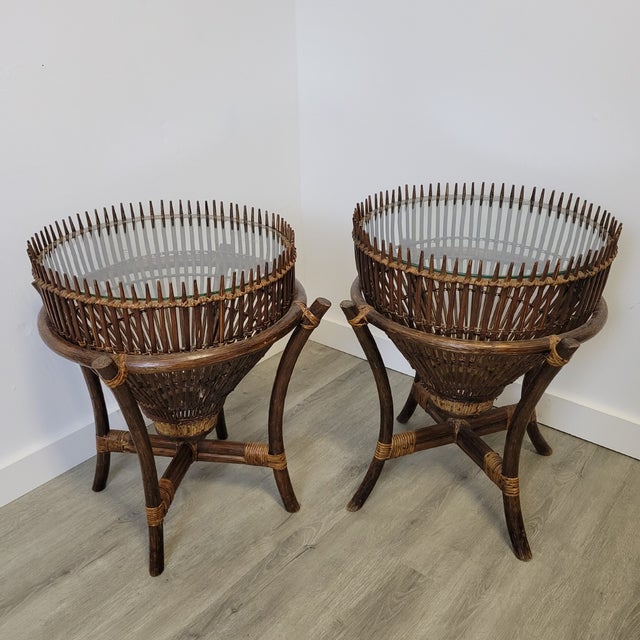Pair Mid-Century McGuire Style Rattan End Tables With Spiked Gallery Rims For Sale - Image 11 of 12