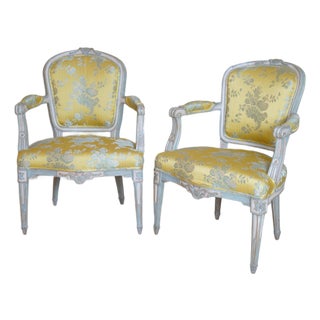 19th C. Louis XVI Style Silk Upholstered Painted Fauteuils - Set of 2 For Sale