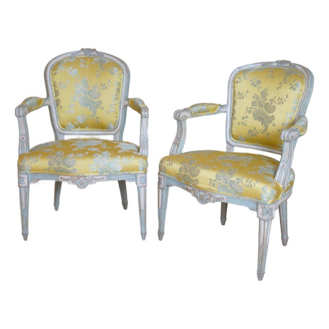 19th C. Louis XVI Style Silk Upholstered Painted Fauteuils - Set of 2 For Sale