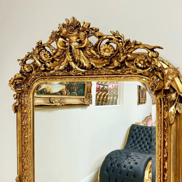 French French Style Gold Floral Floor Mirror – 5 Ft Tall For Sale - Image 3 of 10