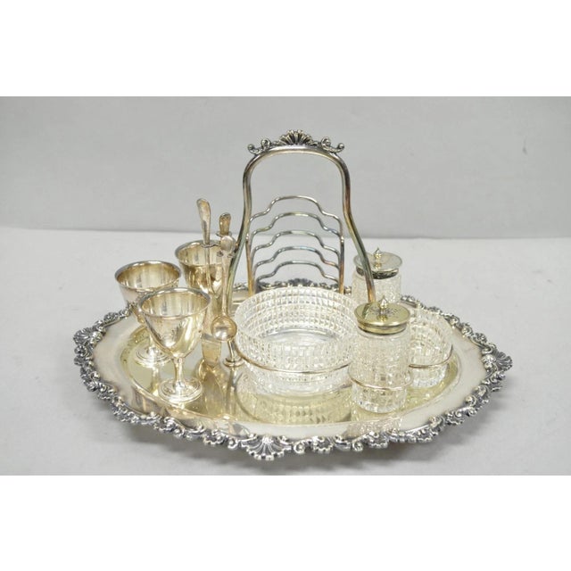 Antique Victorian Silver Plated Footed Cut Glass Breakfast Set Toast Rack W Tray For Sale - Image 16 of 18