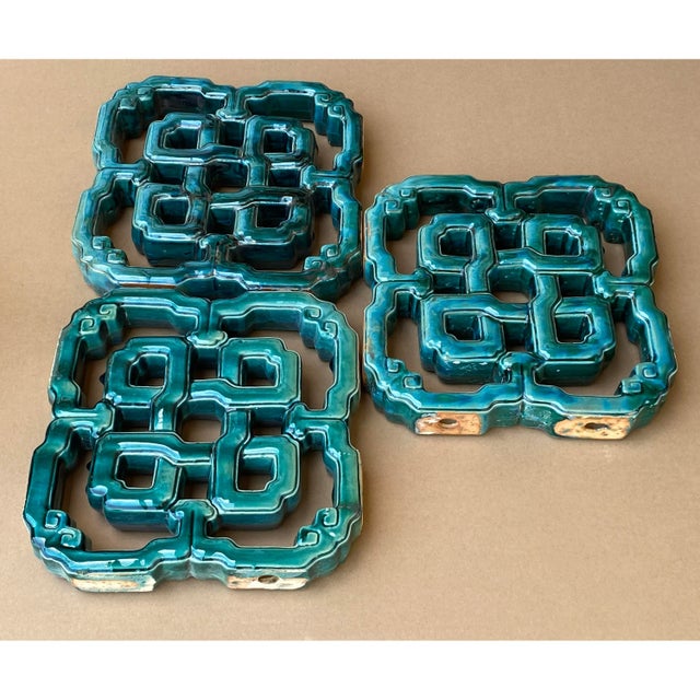 Sculpture Materials Lot of 3 Chinese Infinite Knot Turquoise Green MIX Glaze Clay Tile For Sale - Image 7 of 8