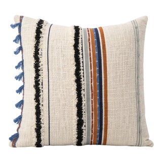 Boho Textured Striped Cushion Cover With Fringe & Tassels | Handwoven Embroidered Cushion Cover | Neutral Rustic Decor | 50 X 50 Cm For Sale