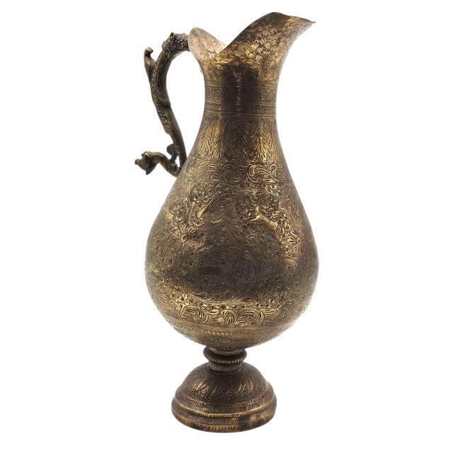 19th Century 19th Century Islamic Arabic Engraved Brass Jug With Figural Handle For Sale - Image 5 of 13