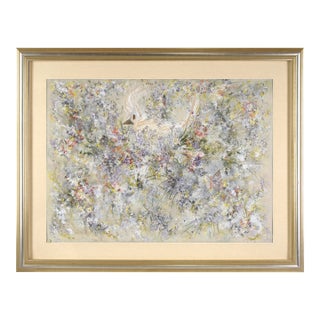 1990s Hidden in the Flowers - Abstract Bird in Acrylic on Threaded Paper by Judith W Winslow For Sale