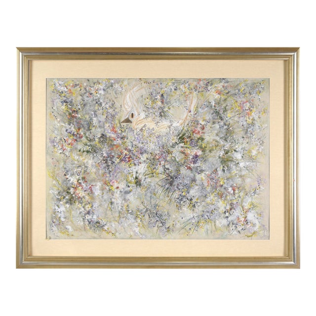 1990s Hidden in the Flowers - Abstract Bird in Acrylic on Threaded Paper by Judith W Winslow For Sale