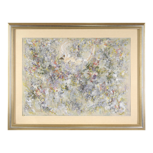1990s Hidden in the Flowers - Abstract Bird in Acrylic on Threaded Paper by Judith W Winslow