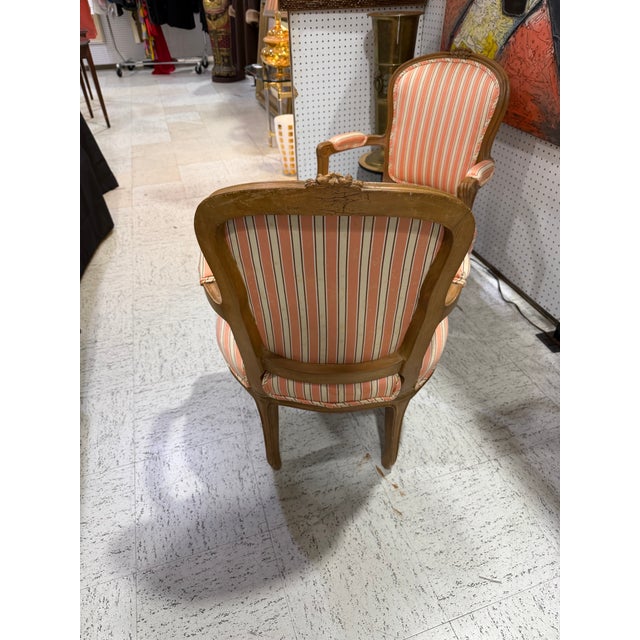 Antique French Louis XV Style Gold Giltwood Pink Stripe Fauteuil Arm Chair, Pair For Sale In Atlanta - Image 6 of 7