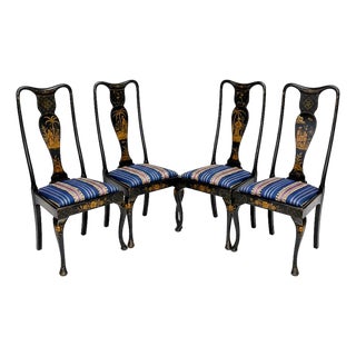 Early 20th-C. Hand Painted English Queen Anne Style Chinoiserie Dining Chairs - Set of 4 For Sale