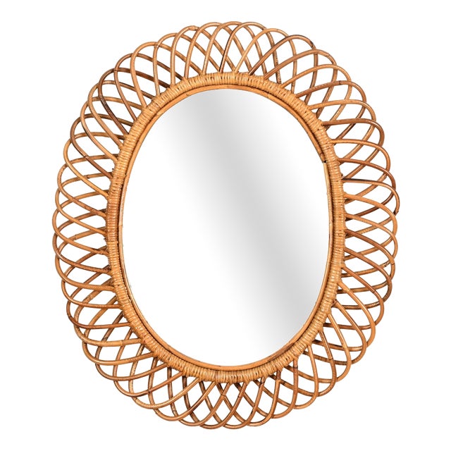 Large Oval Mirror in Bamboo, Rattan and Wicker by Franco Albini, Italy, 1970s For Sale