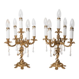 1930s Brass Cherub Candelabra Style Table Lamp With Crystals - A Pair For Sale