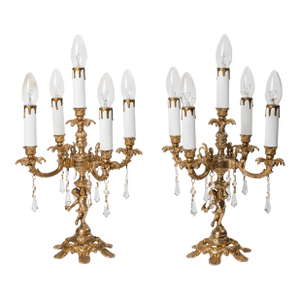1930s Brass Cherub Candelabra Style Table Lamp With Crystals - A Pair