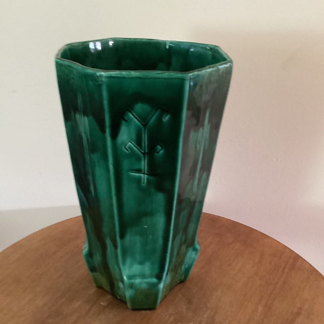 Rare Vintage Emerald Green Ceramic Vase W/Etched Design and Geometric Runes Symbols Signed Circa 1961 For Sale - Image 12 of 12