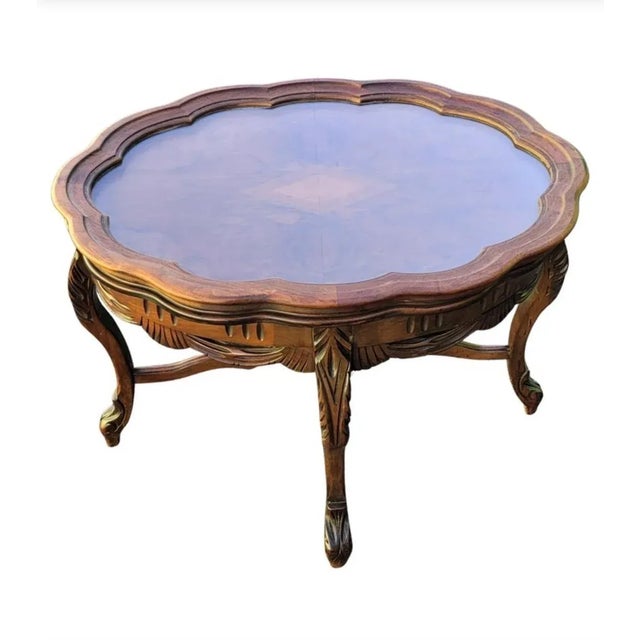 1950s Rococo Style Carved and Burled Walnut Glass Tray Top Oval Side Table For Sale - Image 12 of 12