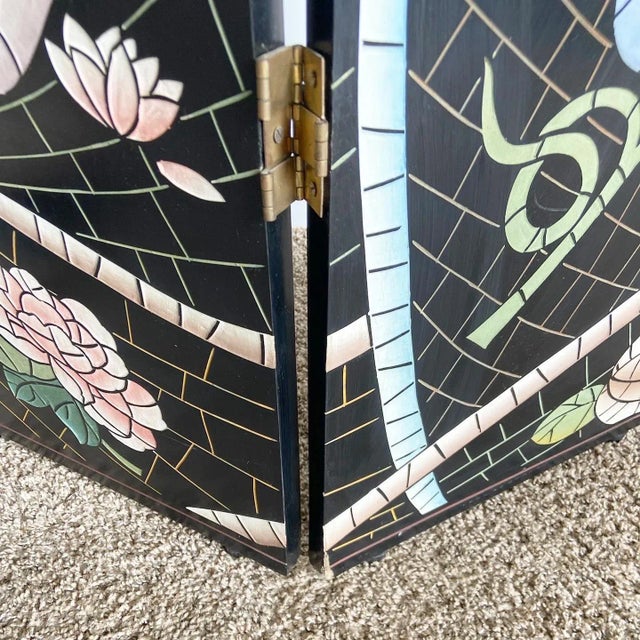 Wood Chinese Hand Carved and Painted Room Divider - 3 Panels For Sale - Image 7 of 10