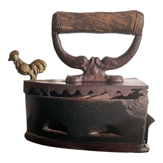 Antique Cast Iron, Enamel Coated Charcoal Box Iron Featuring a Wooden Handle & a Distinctive Brass Rooster-Shaped Latch For Sale
