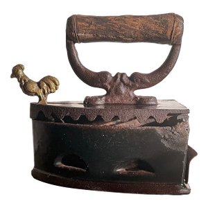 Antique Cast Iron, Enamel Coated Charcoal Box Iron Featuring a Wooden Handle & a Distinctive Brass Rooster-Shaped Latch