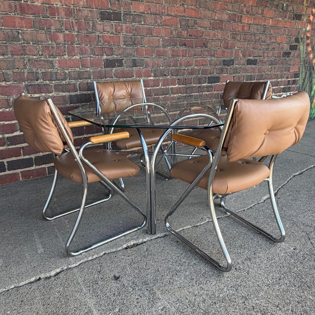 Mid-Century Modern Daystrom Chrome Tubular Octagonal Glass Dining Table With 4 Chairs With Wooden Arm Rests For Sale - Image 3 of 12