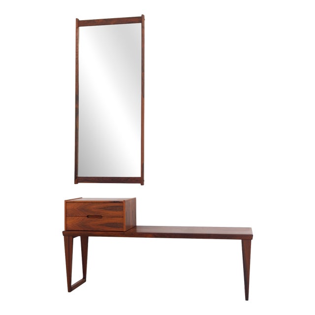 Vintage Danish Rosewood Bench with Drawers and Mirror by Kai Kristiansen, 1960s, Set of 3 For Sale