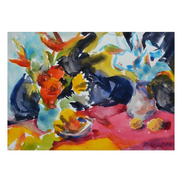 Vibrant abstracted floral still life with red table by Les (Leslie Luverne) Anderson (American, 1928-2009). From the...