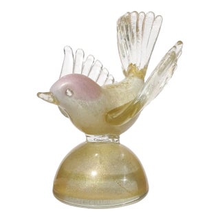 Vintage Murano Barbini Pink Head White Heavy Gold Flecks Italian Art Glass Bird Figure Paperweight For Sale