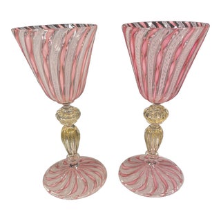 Set of 2 Zanfirico Salviati Murano Style Pink Ribbon Glass Gold Dust Wine Glasses For Sale