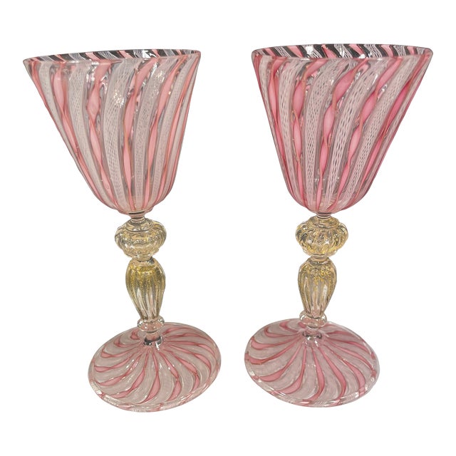 Set of 2 Zanfirico Salviati Murano Style Pink Ribbon Glass Gold Dust Wine Glasses For Sale