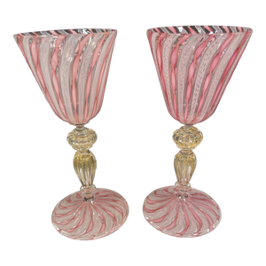 Set of 2 Zanfirico Salviati Murano Style Pink Ribbon Glass Gold Dust Wine Glasses