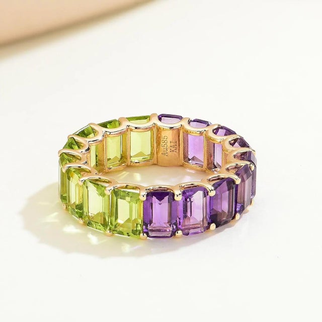 14K Yellow Gold 4 x 6 mm Natural Amethyst｜Purple｜Emerald-Cut｜Eye Clean 4 x 6 mm Natural Peridot｜Green｜Emerald-Cut｜Eye...