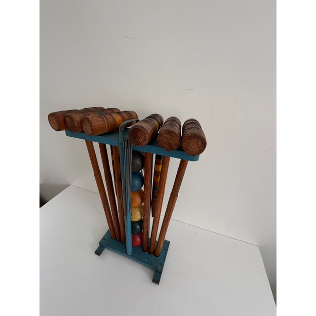 Blue Vintage Six-Player Wooden Croquet Set With Original Painted Storage Stand, 1960s For Sale - Image 8 of 11