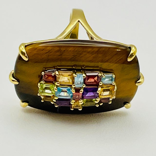 Massive Tiger's Eye & Multi-Gemstone Rainbow Cocktail Ring Sterling Silver Gold Vermeil - Size 9 For Sale - Image 9 of 11