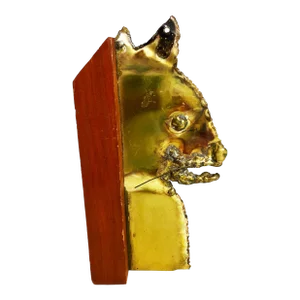 Mid-Century Brutalist Wood & Brass Cat Sculpture