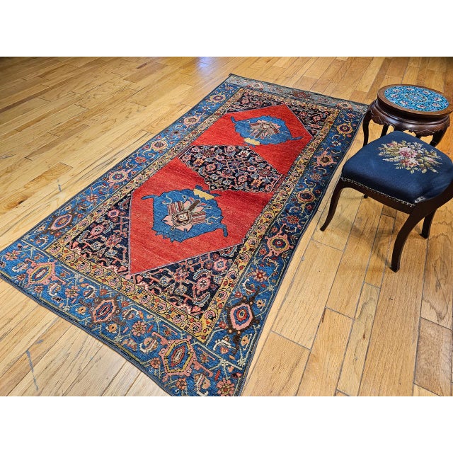 Textile Vintage Persian Bidjar Gallery Rug, Hand-Knotted Wool, Geometric Pattern, Carnelian Red & Blue, 5x9 For Sale - Image 7 of 18