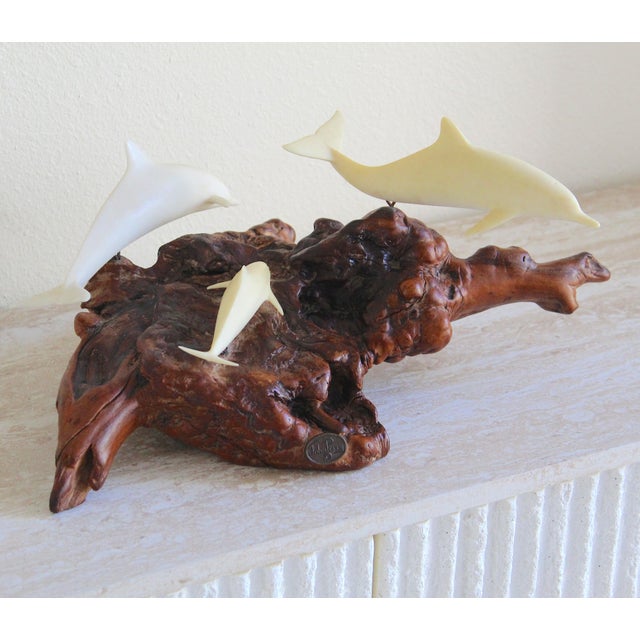 Vintage John Perry Dolphin Pod Sculpture on Natural Burlwood Base – 14" For Sale - Image 10 of 12