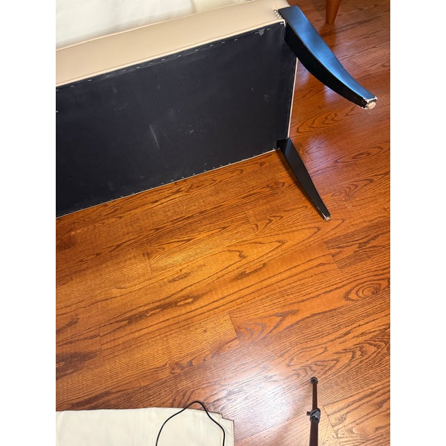 Hollywood Regency Hollywood Regency Style Cream Leather Bench With Black Saber Legs & Nailhead Trim For Sale - Image 3 of 5