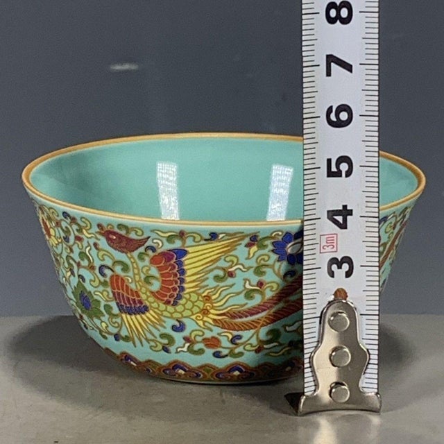 Vintage Chinese Porcelain Bowl, Turquoise Ground Gilded Phoenix Motif Bowl For Sale In New York - Image 6 of 9