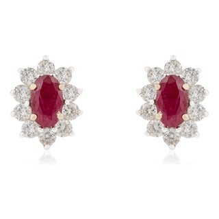 Vintage Ruby & Diamond Halo Cluster Stud Earrings in 14k Yellow Gold- 2 Pieces For Sale