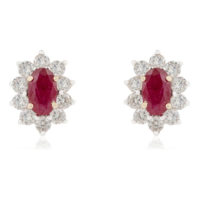 Vintage Ruby & Diamond Halo Cluster Stud Earrings in 14k Yellow Gold- 2 Pieces For Sale