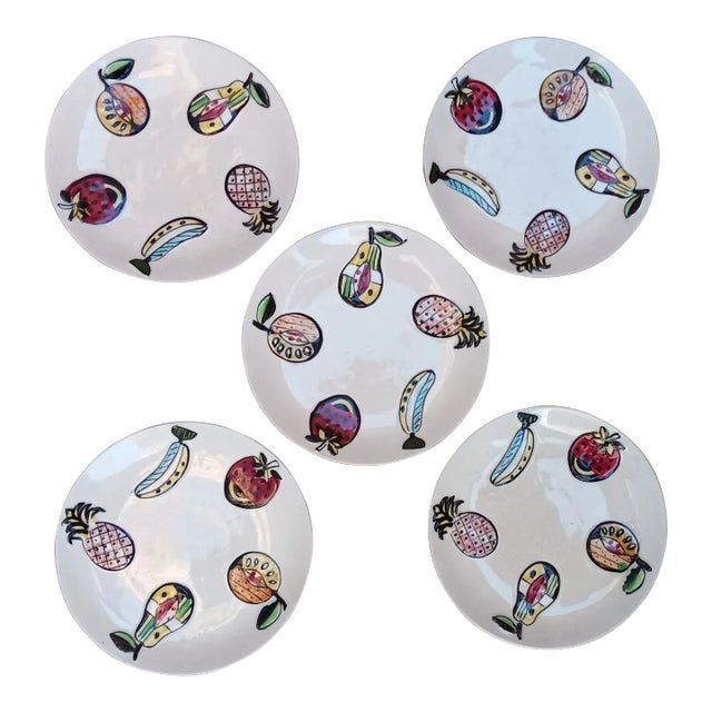 1950s "Manner of Georges Briard" Dessert Plates -- Embossed Animated Fruit- Set of 5 For Sale