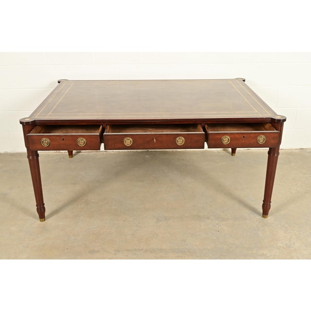 Baker Furniture Stately Homes Collection English Regency Carved Mahogany Leather Top Partner's Desk For Sale In South Bend - Image 6 of 18