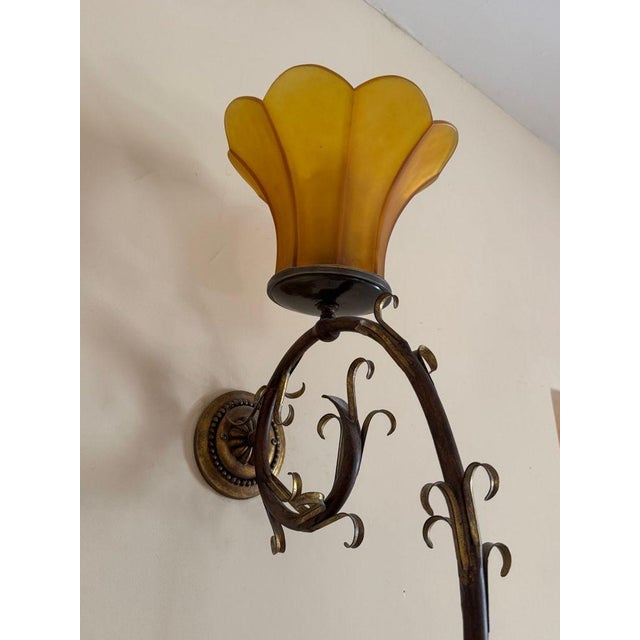 1960s Vintage Elegant Double Long Wall Sconce With Honey Colored Murano Glass Diffuser For Sale - Image 5 of 8