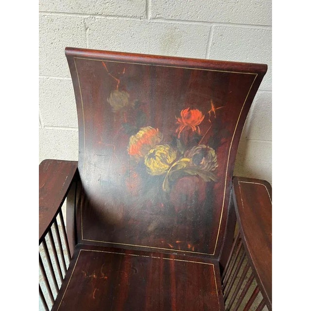 Antique American Empire Style Bentwood & Spindle Floral Hand Painted Back Library Armchair The slightly curved armrests...