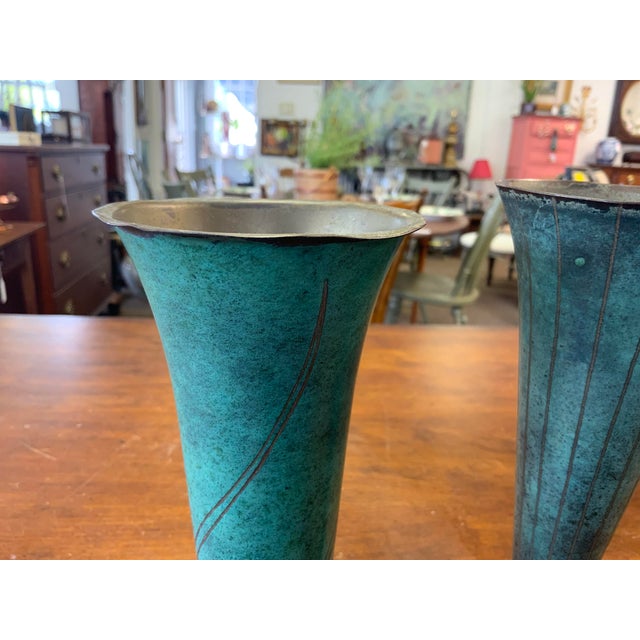 Metal 20th Century Art Deco Copper Verdigris Vase Set For Sale - Image 7 of 8