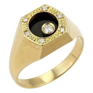 Waltham Rotating Diamond Onyx 18k Yellow Gold Octagon Ring, Size 13 For Sale