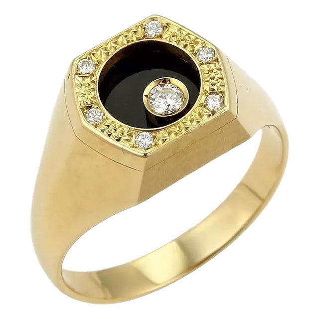 Waltham Rotating Diamond Onyx 18k Yellow Gold Octagon Ring, Size 13 For Sale