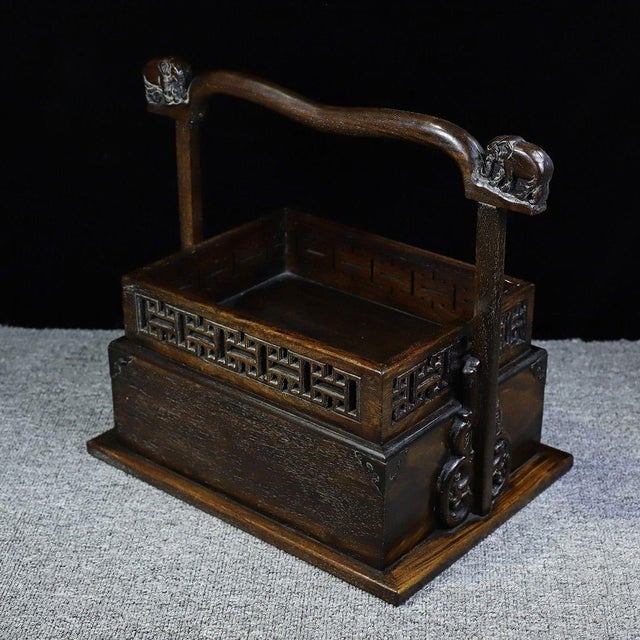Wood Vintage Chinese Huali Rosewood Carved "Elephant" Handled Picnic Box / Tea Caddy For Sale - Image 7 of 9