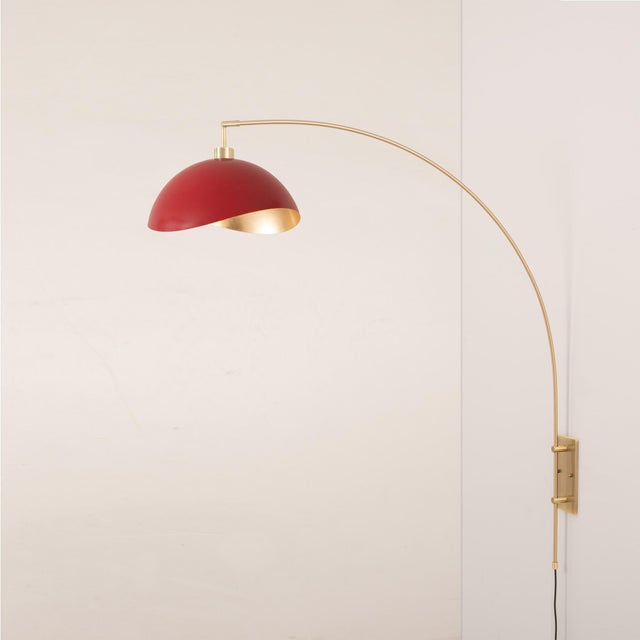 Mid-Century Modern Luna Bella Wall Arc Lamp - Weathered Brass, Red/Gold Shade, Dimmable For Sale - Image 3 of 8