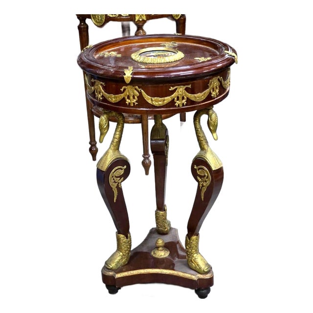 French Empire Round Side Table With Hand-Carved Gold Leaf Accents & Classical Bronze Mounts For Sale