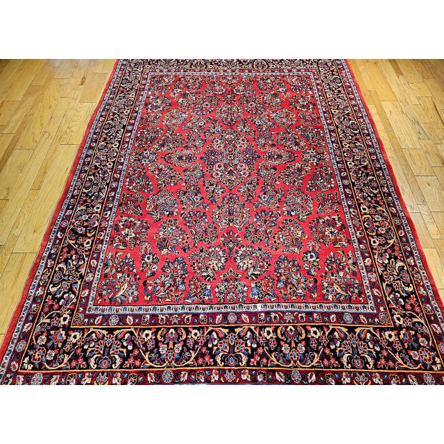 Antique Persian Sarouk Area Rug, Hand-Knotted Wool, Allover Floral Pattern, 9x11, Red & Navy For Sale - Image 16 of 16